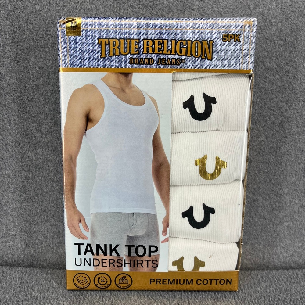 True Religion Tank Top Undershirts Mens Medium White 5PK Ribbed Horseshoe Logo